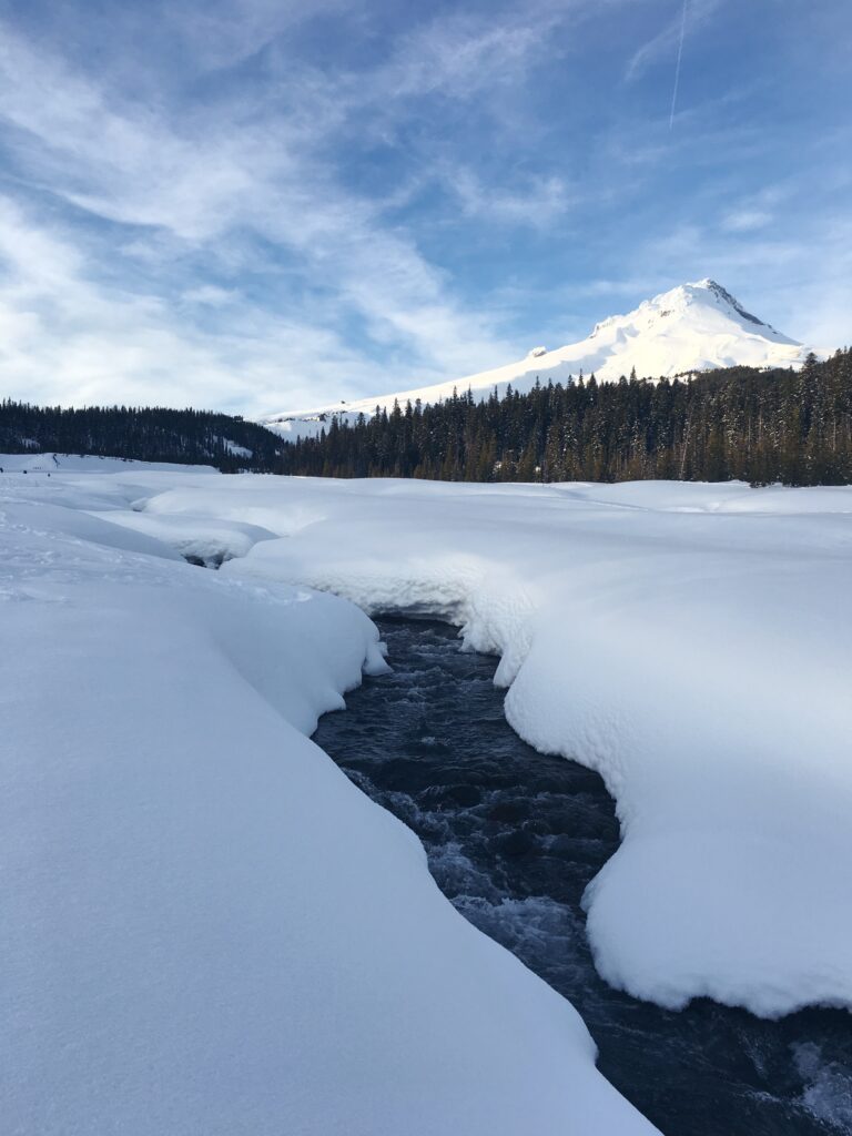 Snowy creek and Mt. Hood in the sun
