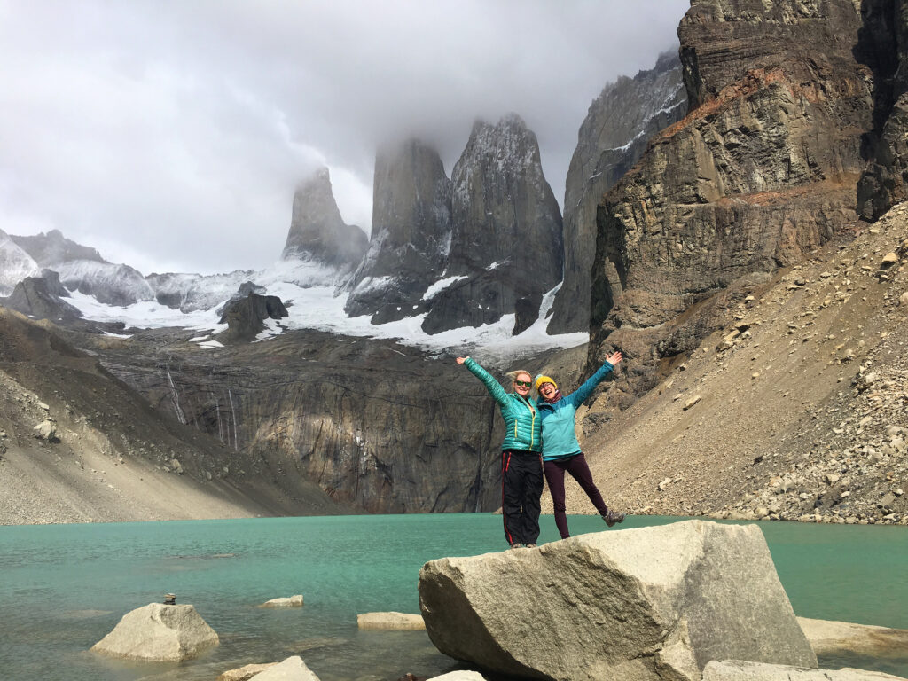 Mary Kate and me posing in front of the Torres and lake