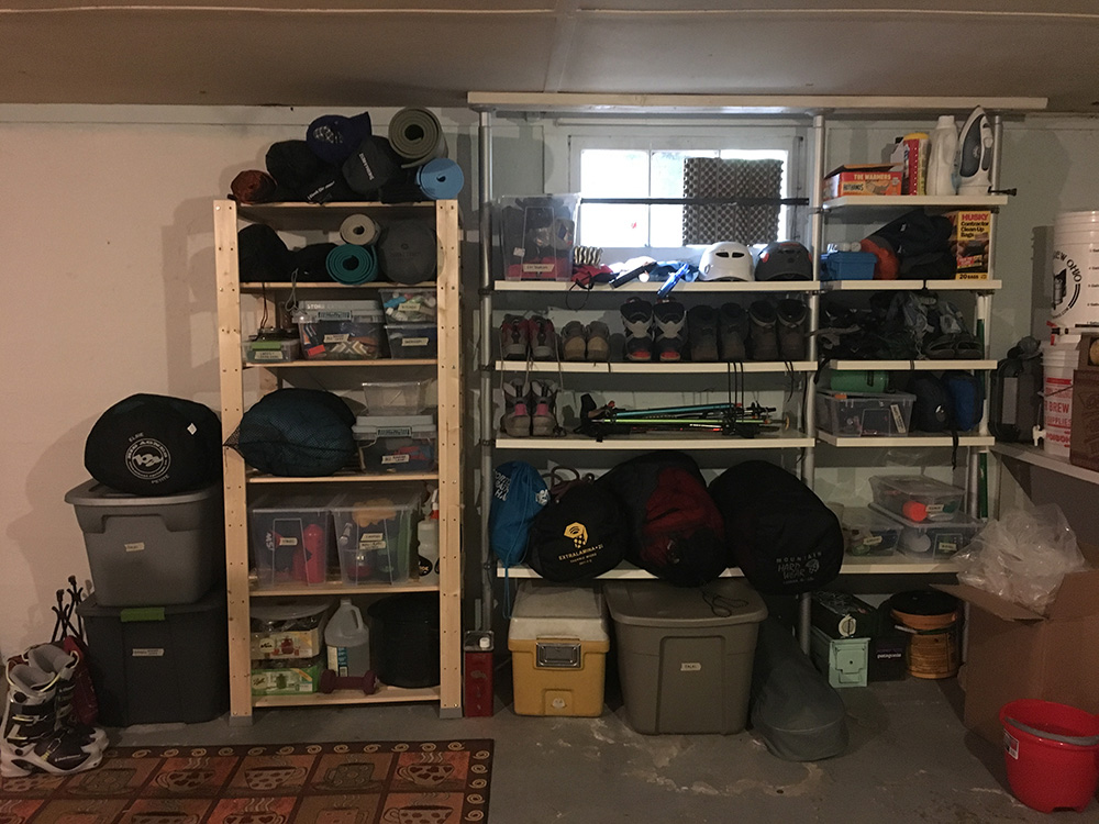 Organized gear shelves in our basement