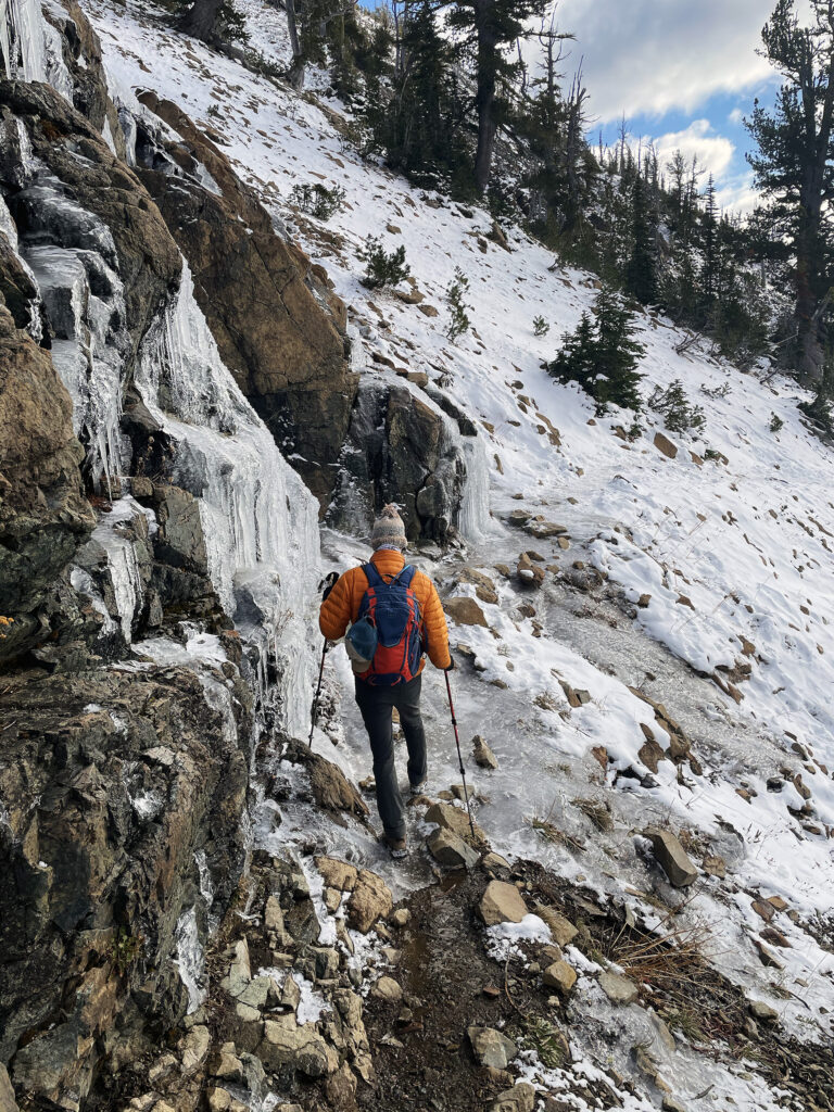 Hiking on a trail covered in ice